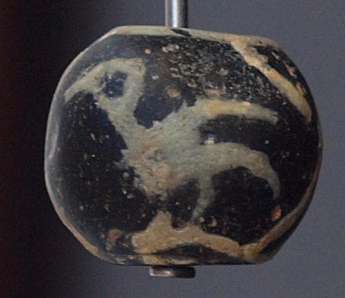 ジャワ発掘、珍しい横向き鳥マニック・ブルン 黒の胎に白で鳥・放射・X・