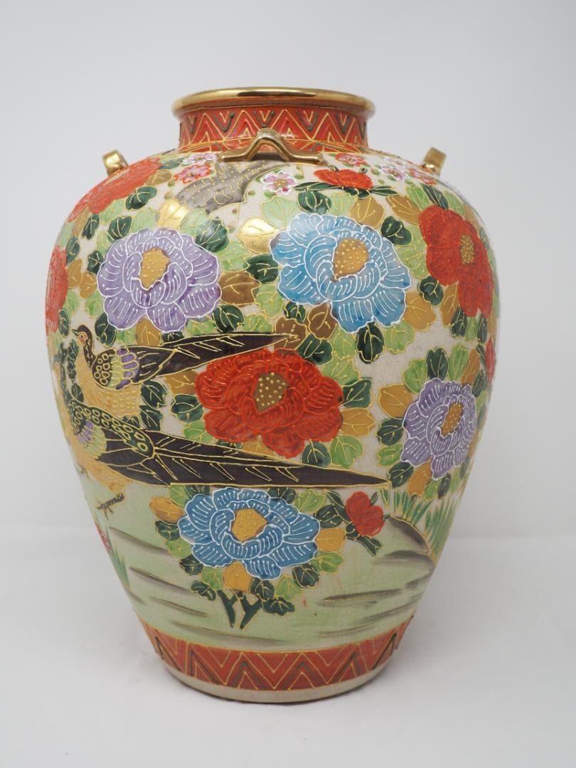 色絵金彩花鳥図 花瓶 薩摩焼 耳付壺 -SO - メルカリ
