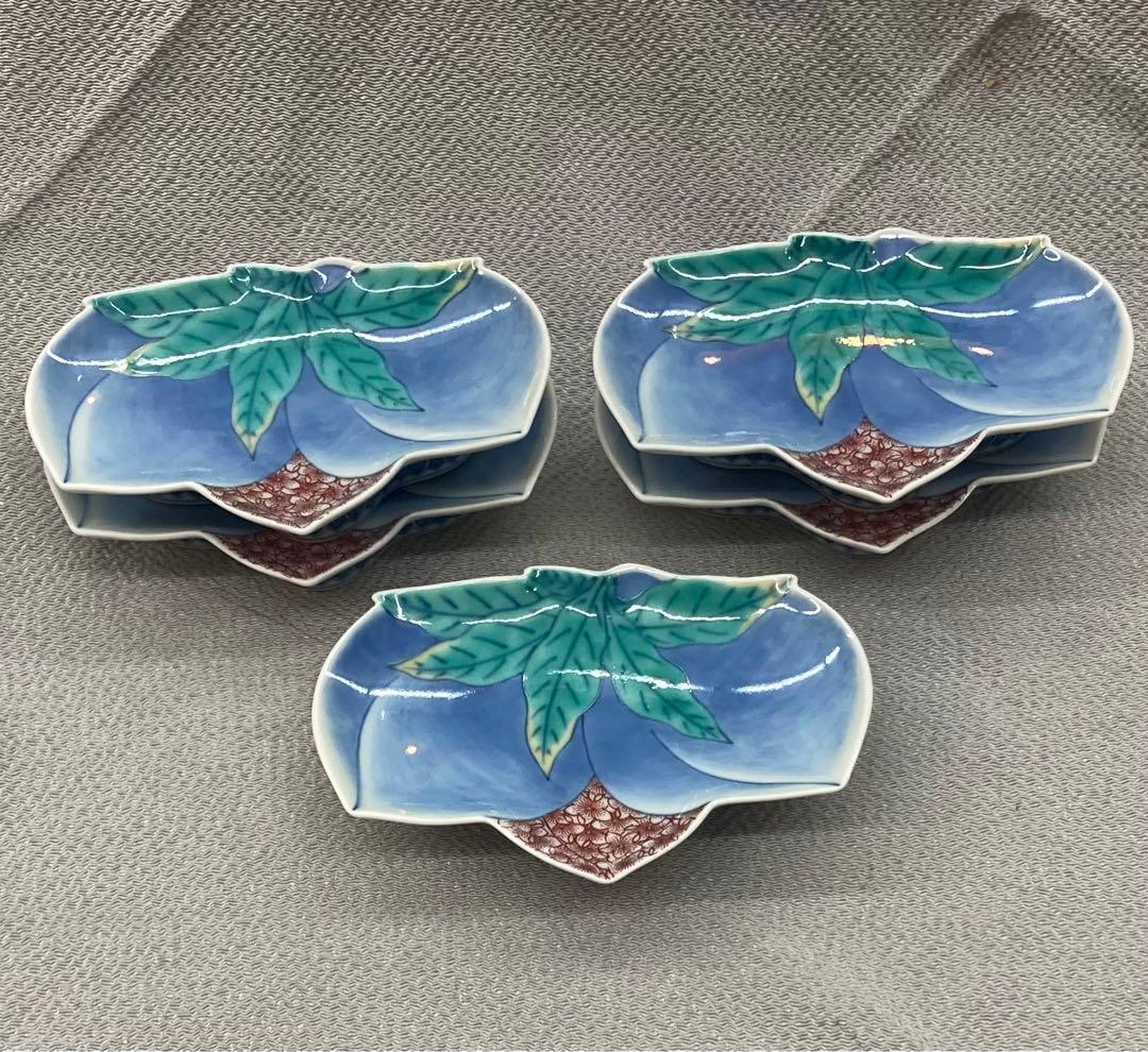 B100s 今泉今右衛門「色絵双桃変形小皿 5枚」 鍋島焼箱無し有田焼