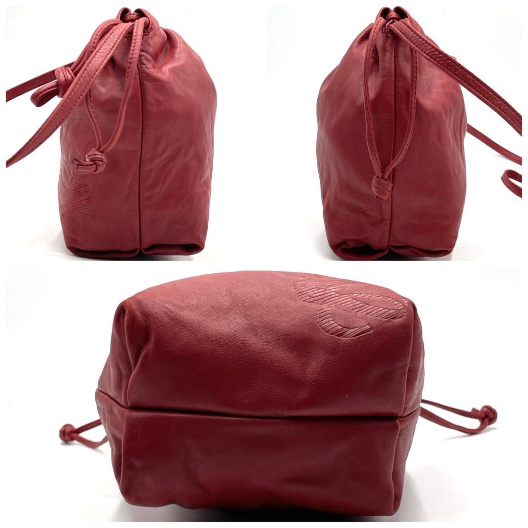 美品● ロエベ ショルダーバッグ 巾着 アナグラム ロゴ レッド レザー