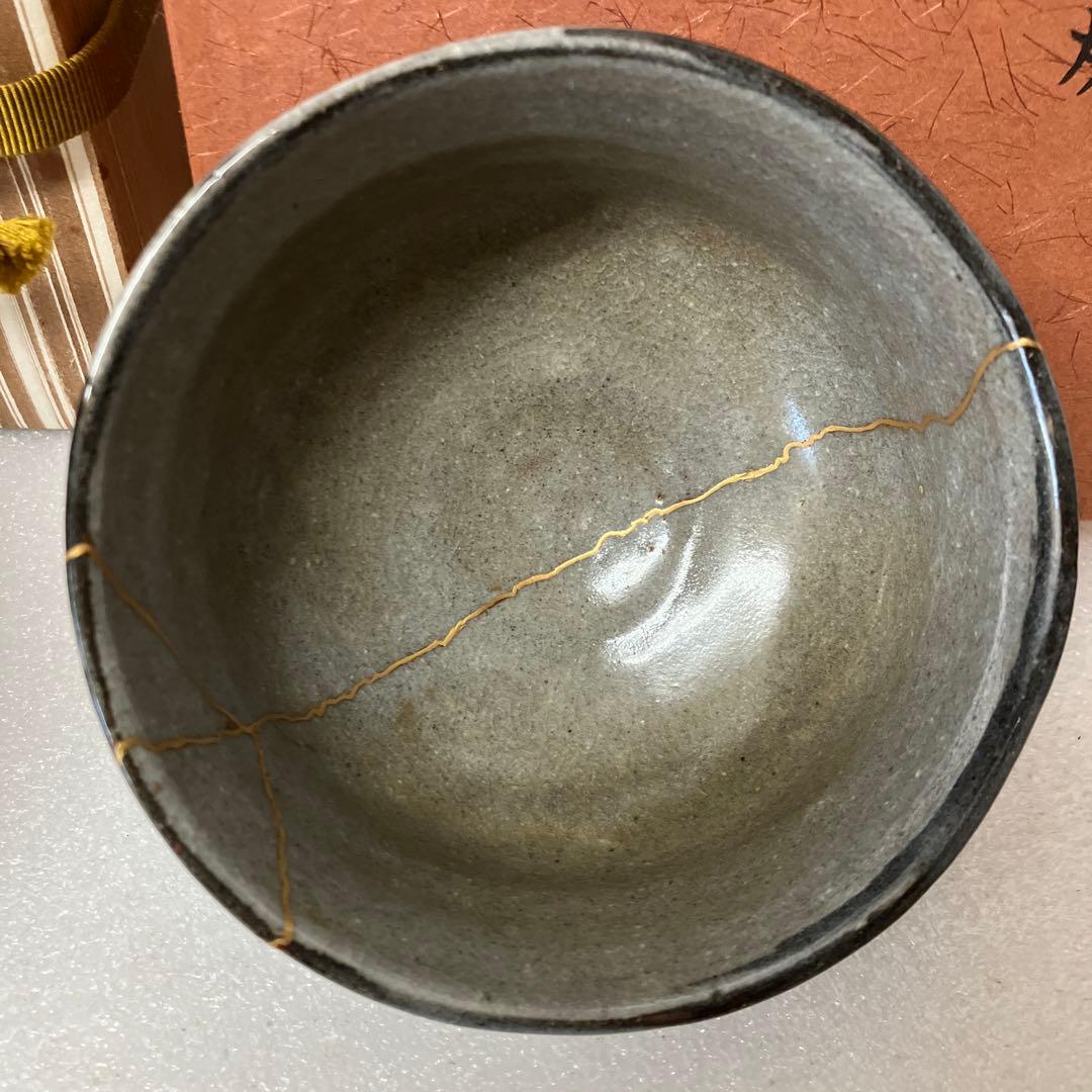 茶道具 茶碗 金継 絵唐津口紅(皮鯨) 夜寒焼 半筒茶碗 共箱 N254EKC