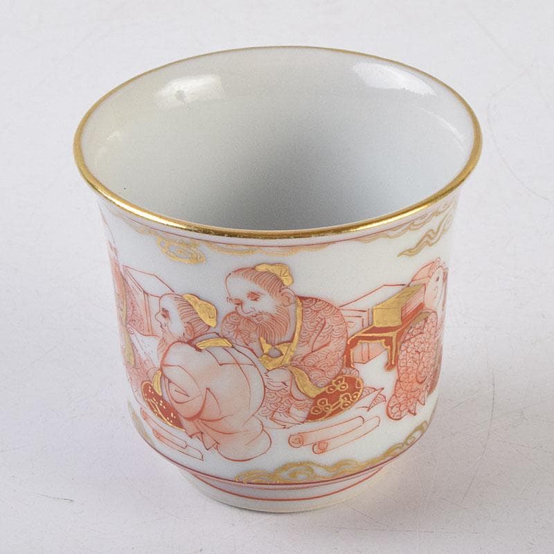 九谷焼　井上秋晴作　赤絵細密画　人物文　盃　ぐい呑み　共布共箱　M　R9169