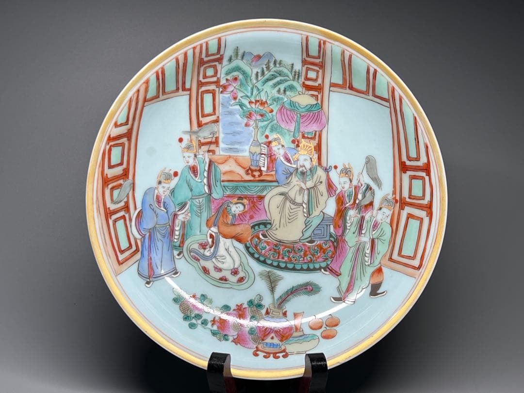 中国美術　大清同治年製在銘　粉彩人物像　唐物　古賞物　茶道具　コウモリ　美品 中国美術 大清同治年製在銘 粉彩人物像 唐物 古