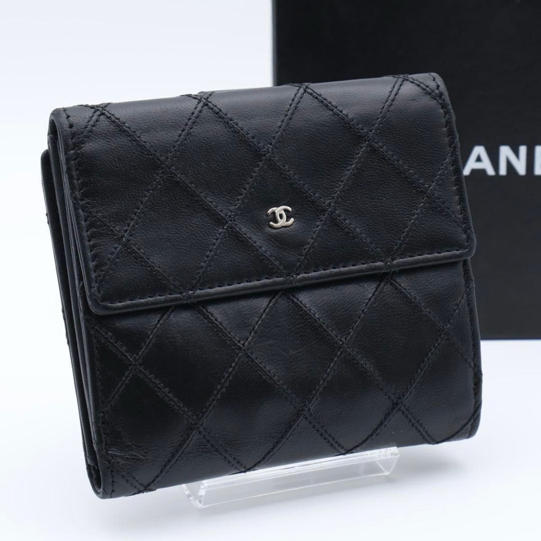 極美品】CHANEL ビコローレ Wホック 二つ折り財布 ラムスキン 黒