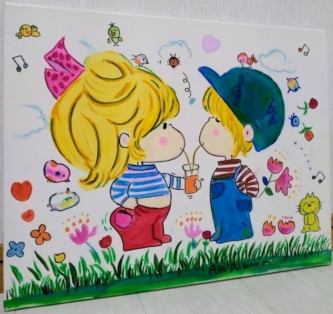 【F6号】水森亜土　手描き作品/表裏サイン・裏描き有/油彩/アクリル/額縁/額装