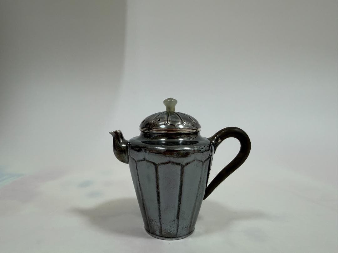 純銀製 菊筋文 玉石摘 急須 銀瓶 煎茶道具