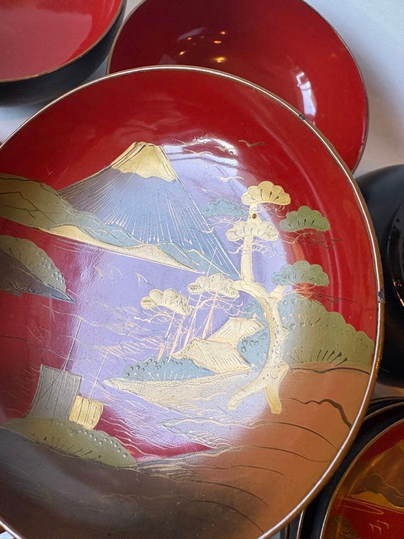 明治　大正期　会津塗　鉄錆塗　蒔絵　富士山　木製　蓋付き　お椀　梅鶯　内朱　5客