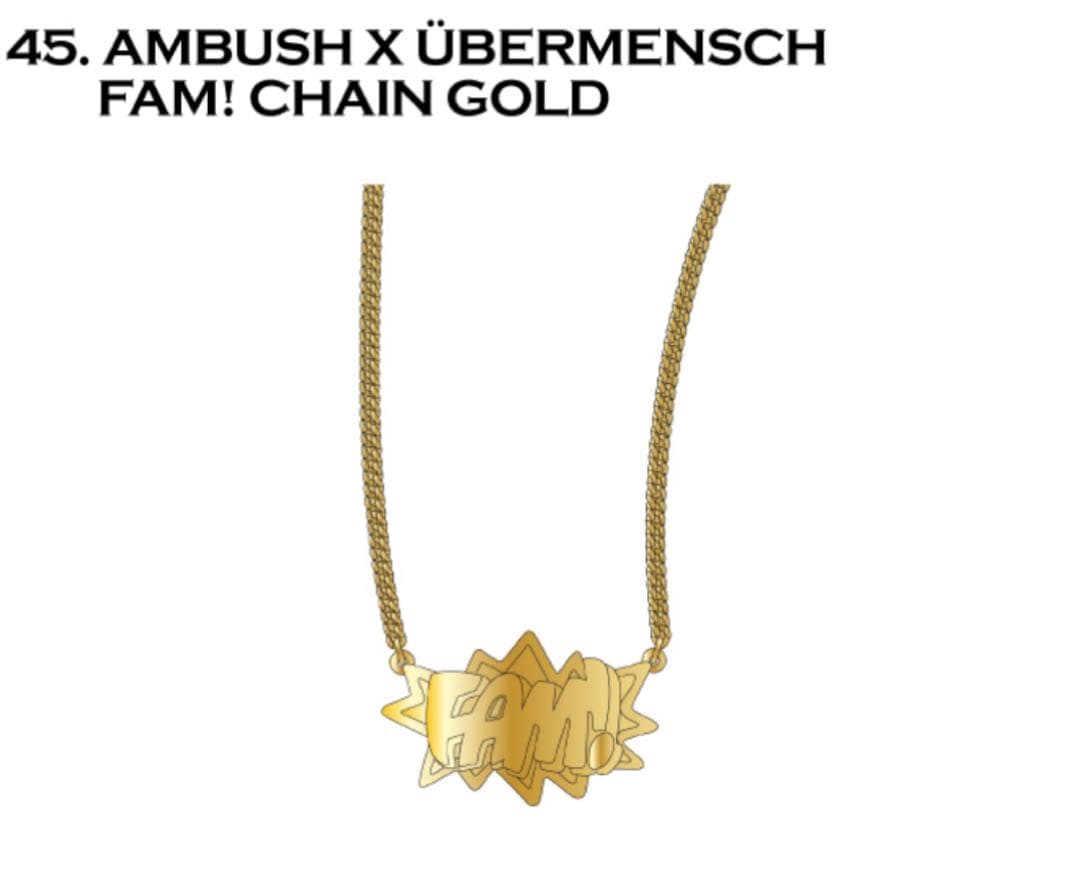 AMBUSH X ÜBERMENSCH FAM! CHAIN GOLD AMBUSH x G-Dragon “FAM!” Necklace [Release Date/Price/Where To Buy
