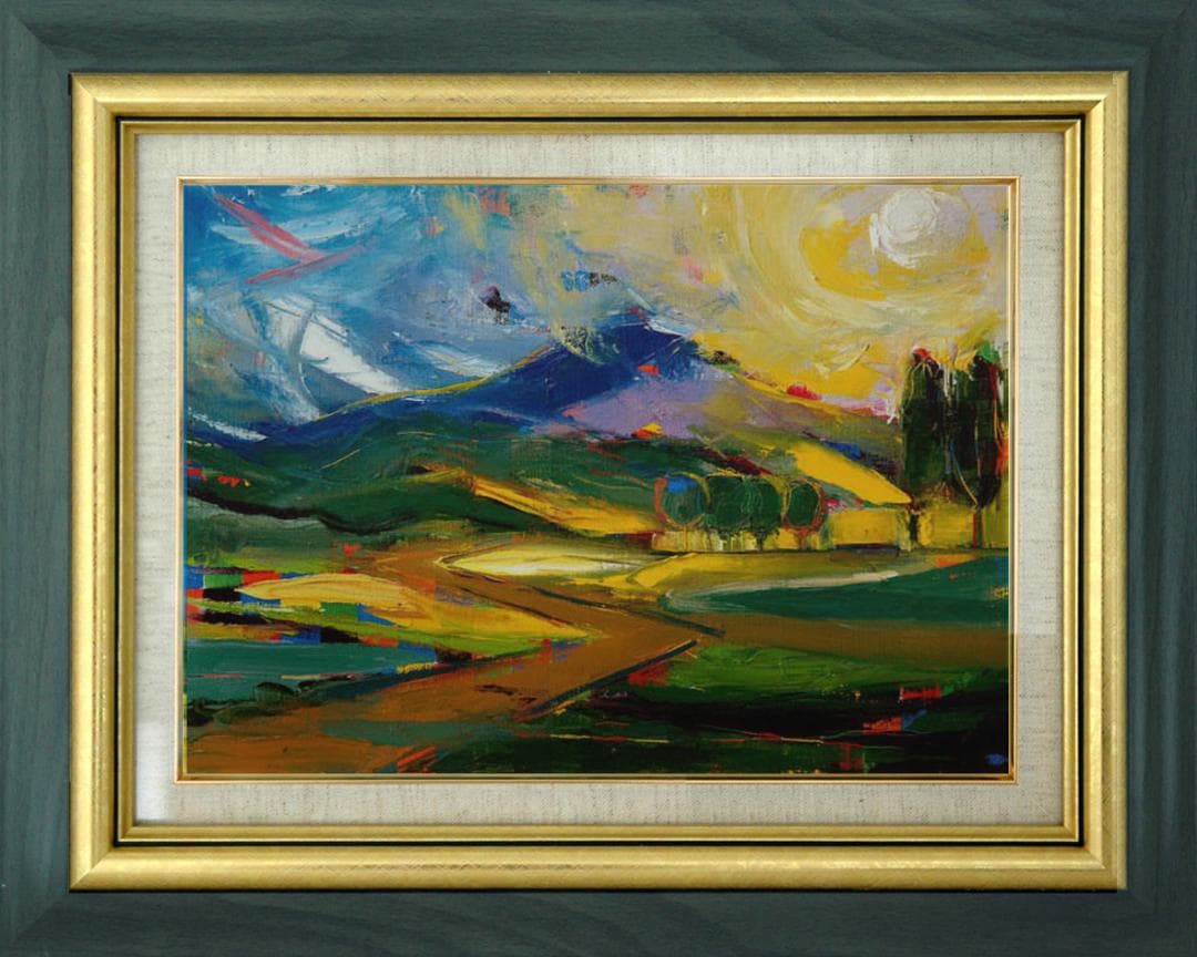 油絵 菅家令子 絵 絵画インテリア 額付(銀)F4-081411 風景 朝夕陽