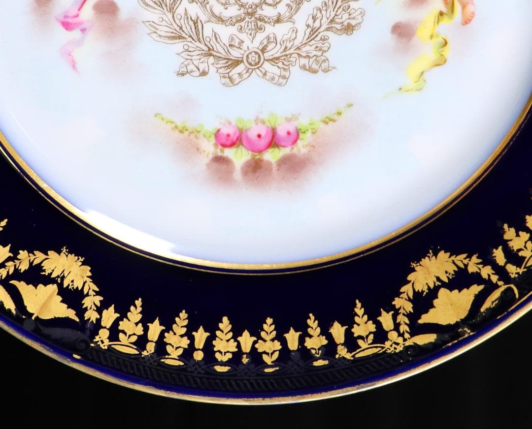 オールド・セーブル フランス第二帝政期1867年製 金彩天使図濃紺色大型プレート