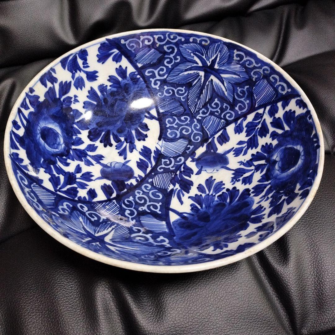 古砥部 共箱 明治初期 染付花文印深鉢 古美術 骨董