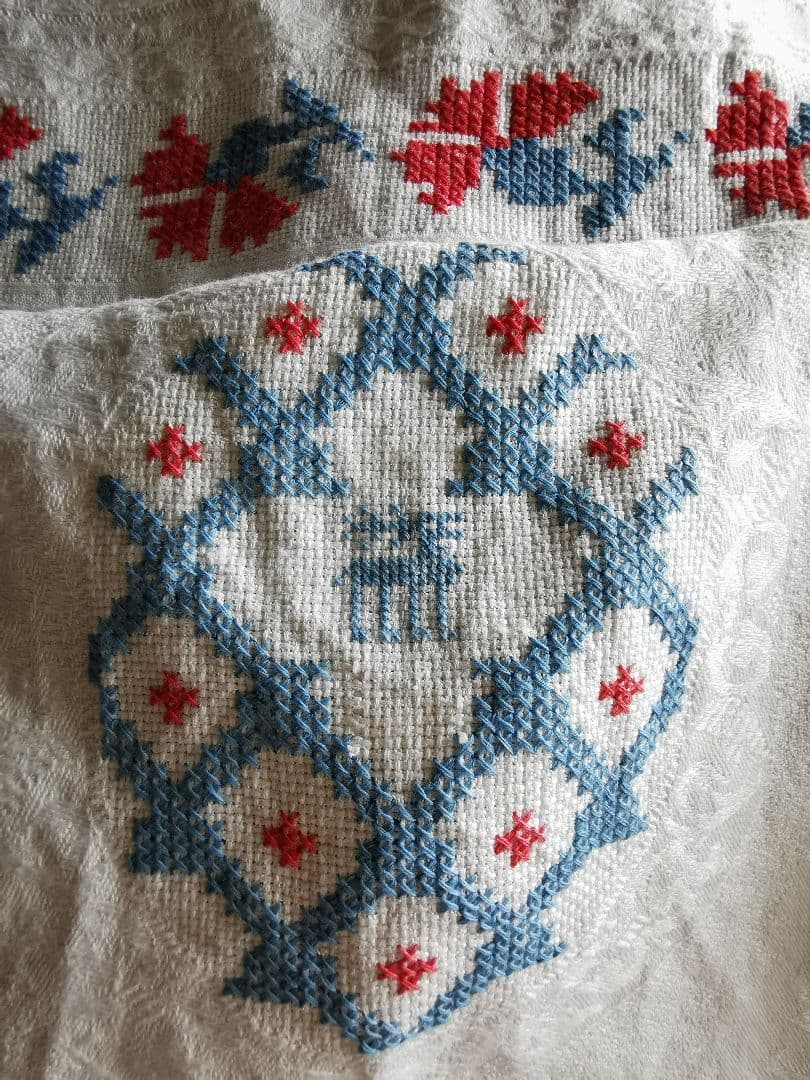 アンティークイタリア ダマスク織リネン カーネーション＆馴鹿 クロス