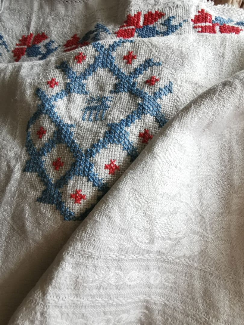 アンティークイタリア ダマスク織リネン カーネーション＆馴鹿 クロス