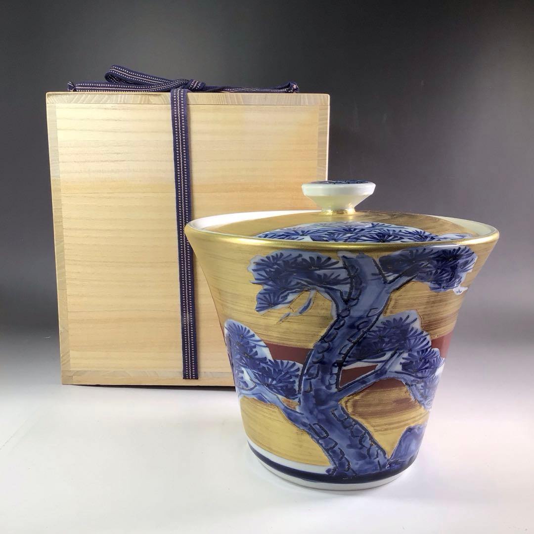 Ｒ２９６　水指　『在銘』『金地』『老松文』『末広水指』　木箱　茶道具 R296 水指 『在銘』『金地』『老松文』『末広水指』 木箱 茶道具