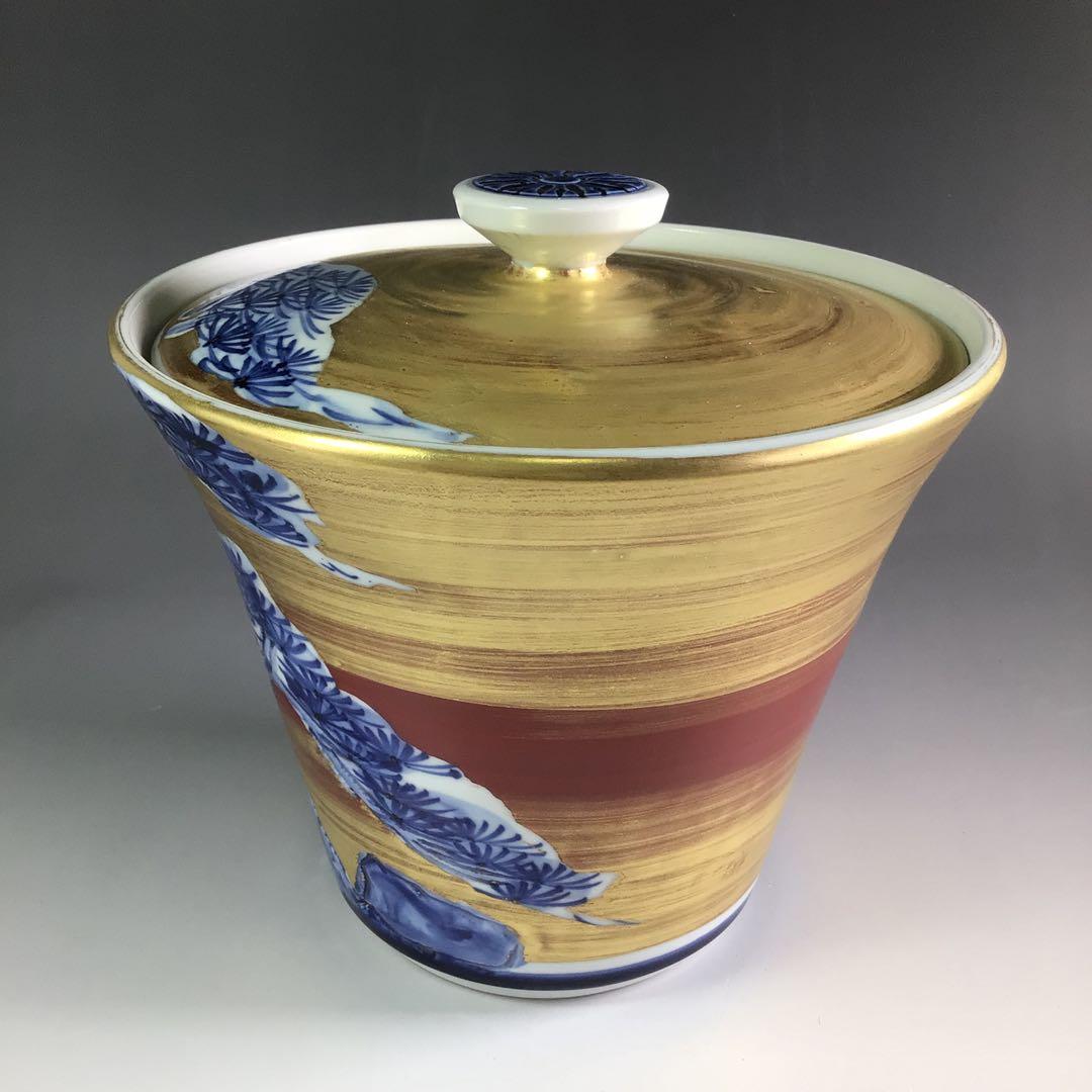 R296 水指 『在銘』『金地』『老松文』『末広水指』 木箱 茶道具