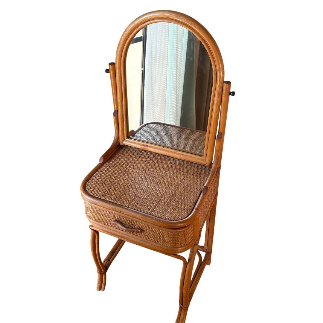 昭和レトロ ラタン ドレッサー 鏡台 引き出し付き アーチ型ミラー