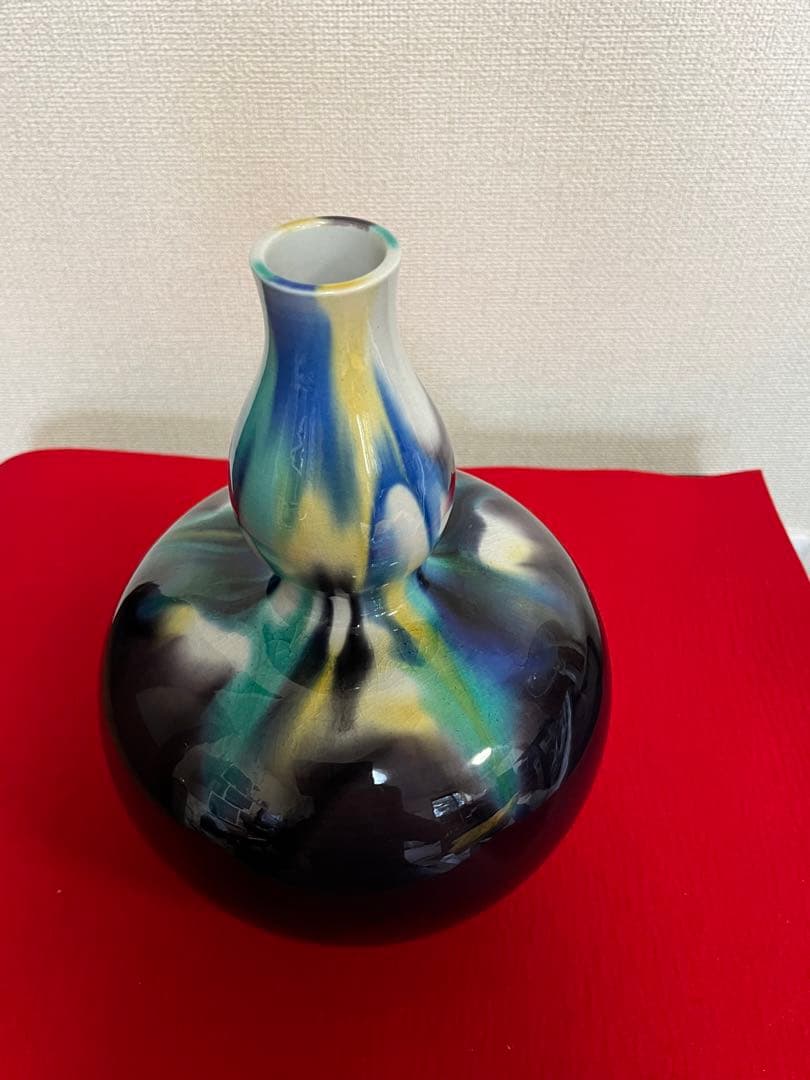 【特大】 人間国宝 三代 徳田八十吉  (正彦銘) 彩釉 瓢型 花入 T198