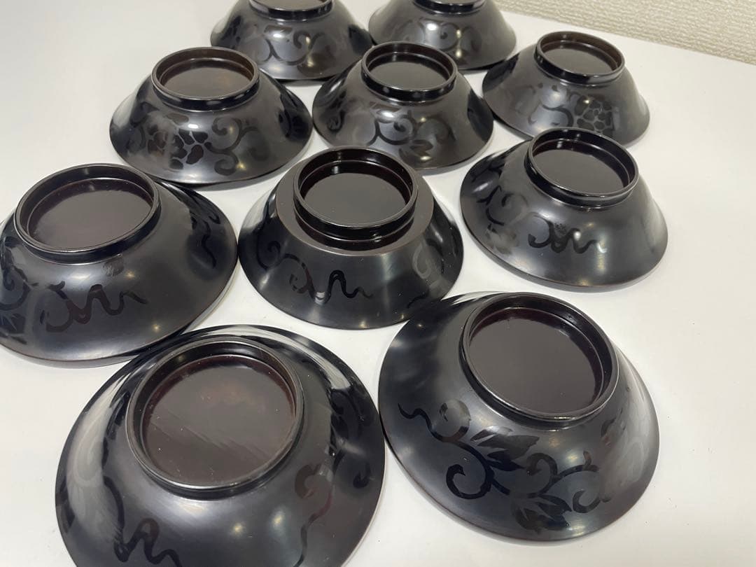 黒漆器 黒漆 内黒塗 漆器 吸物 懐石椀 煮物椀 10客 唐草柄 アンティーク