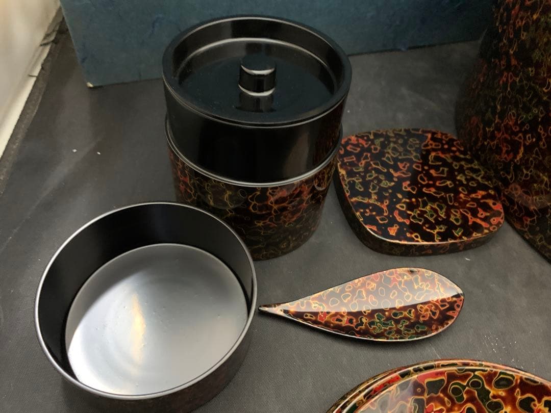 新品未使用 津軽塗 天然木伝統工芸品 茶道具セット 茶びつ茶托茶筒茶匙急須台