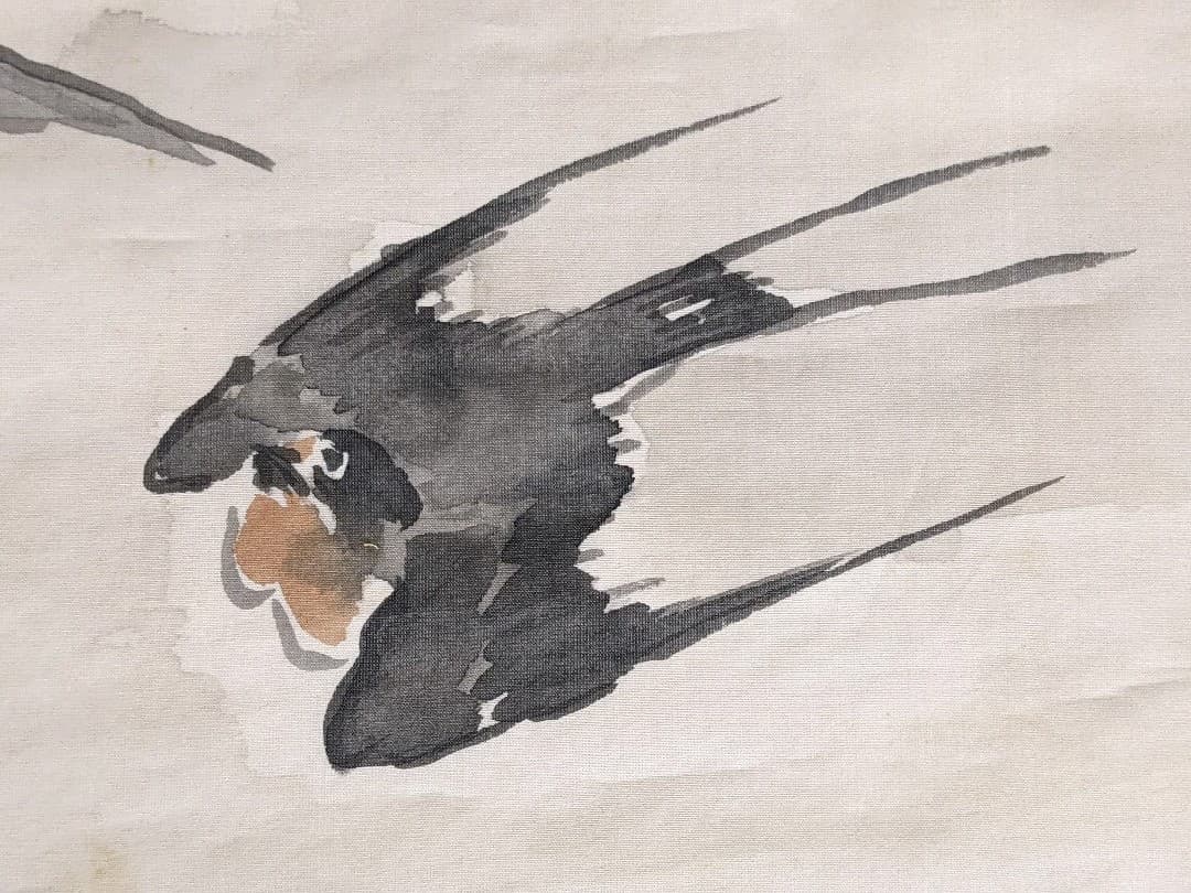 ♦日本画 書画 燕飛翔図 絹本墨画 絵画 水墨画 彩色画 美術品 骨董品