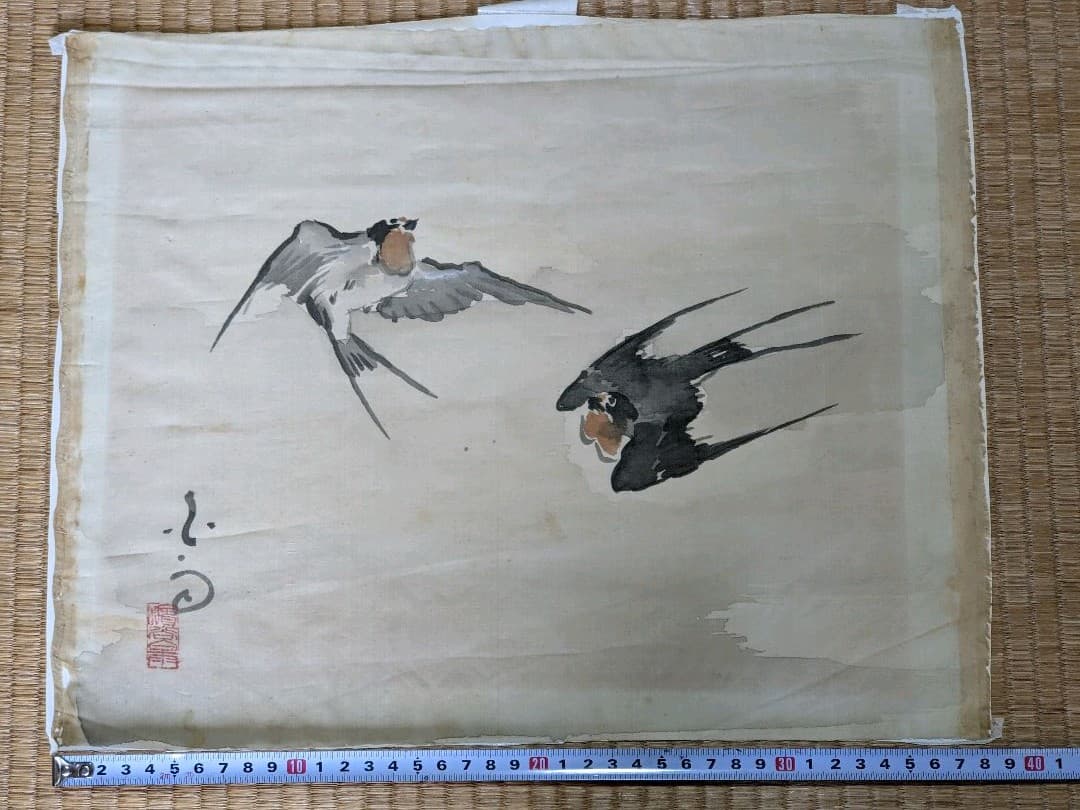 ♦日本画 書画 燕飛翔図 絹本墨画 絵画 水墨画 彩色画 美術品 骨董品