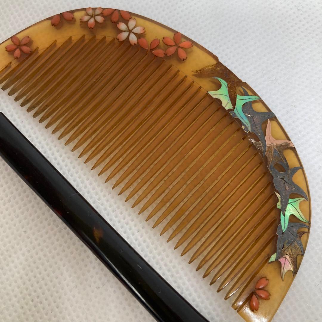 020525 アンティーク 金細工 螺鈿の紅葉 珊瑚の桜櫛笄 日本髪 かんざし
