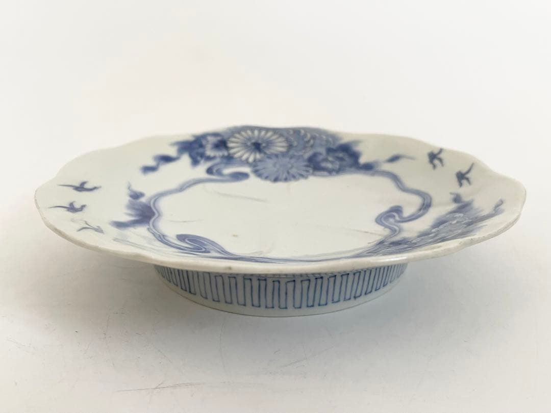 1骨董 アンティーク 藍柿右衛門 染付 菊雲鶴文様 輪花皿