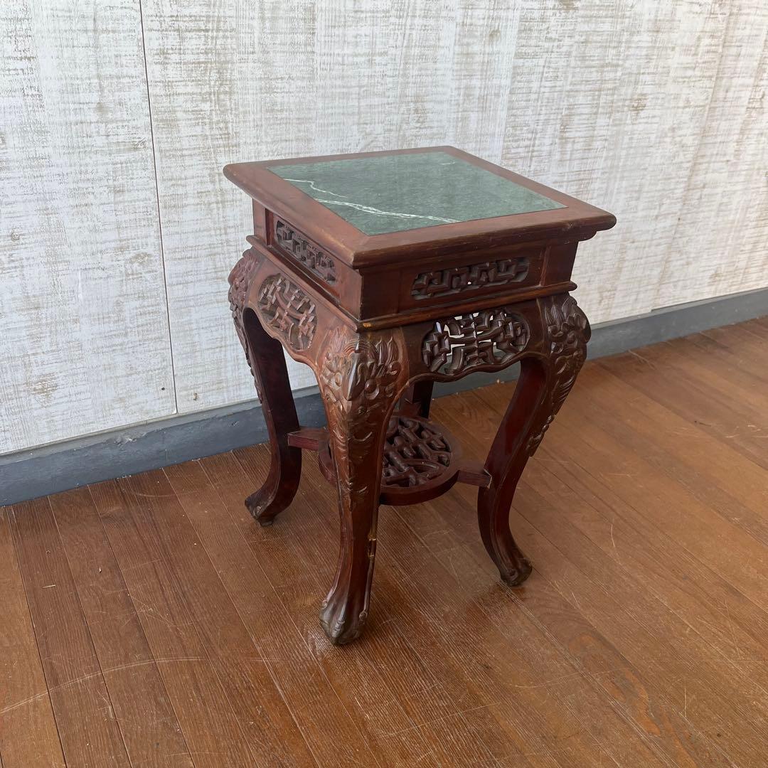 アンティーク】唐木 花台 透かし彫り 飾り台 高卓 大理石天板 古道具