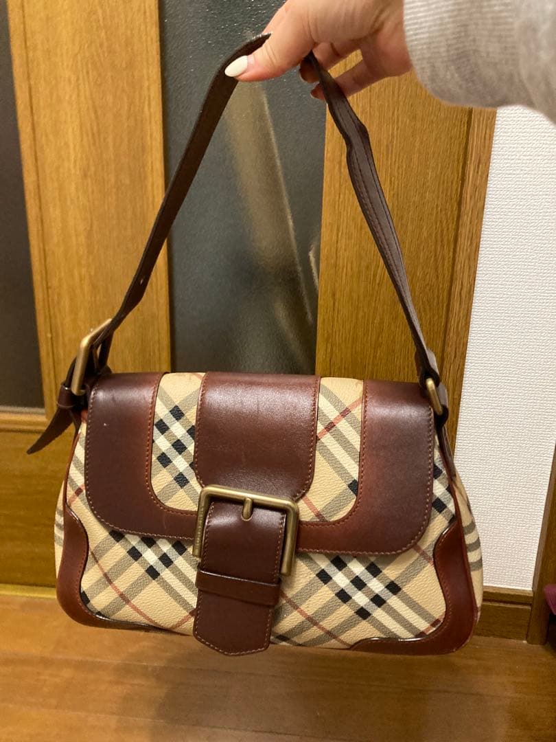 チェック柄ブラウンレザーショルダーバッグ