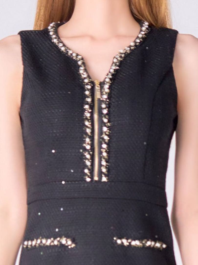 スパンコールツイードジップアップミニドレス/キャバドレス