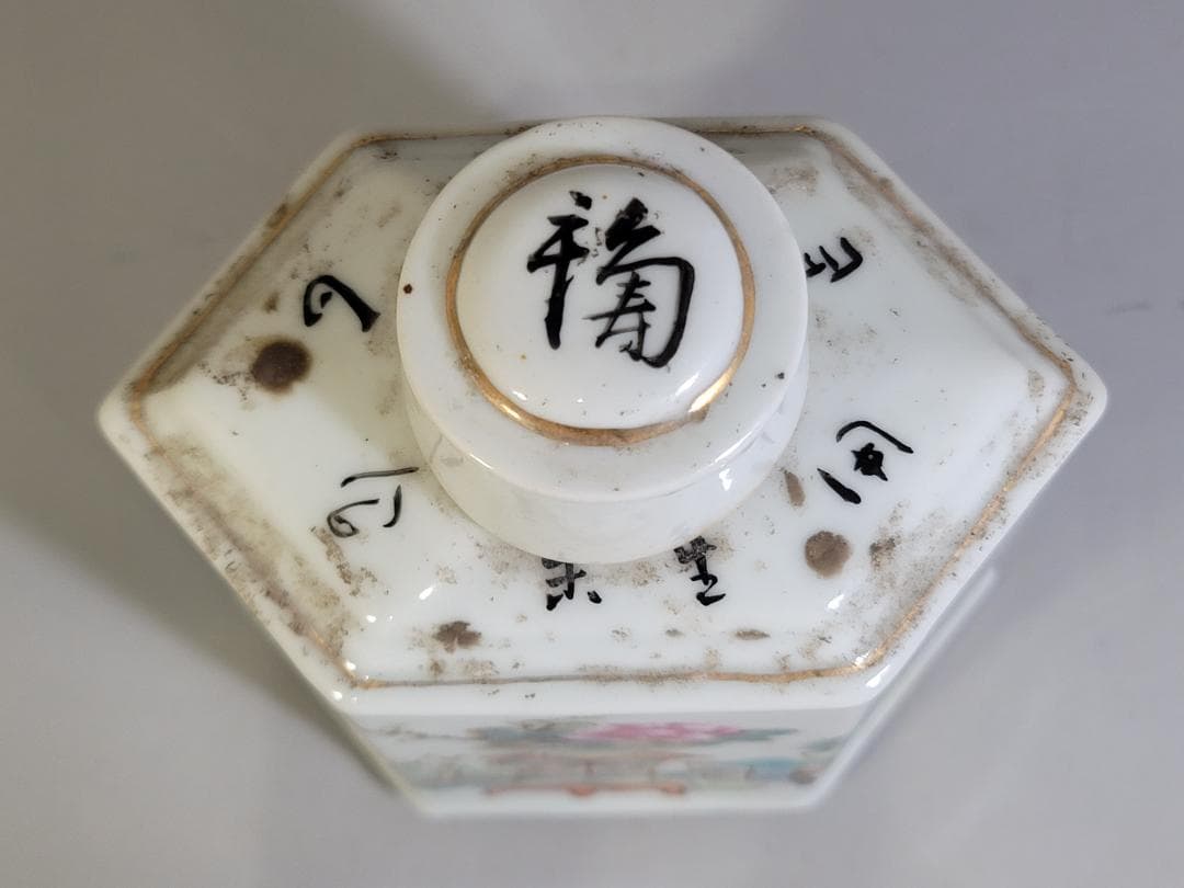 中国 色絵 花盆絵 六方 茶壷 DT448