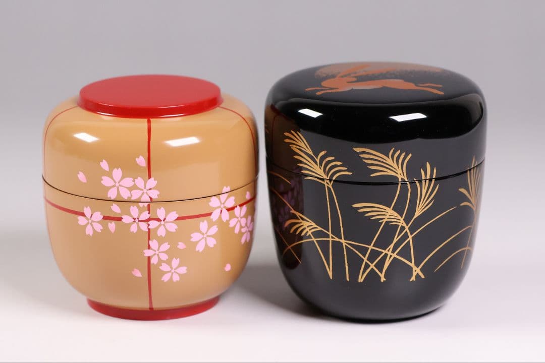 茶道具 棗 2点 ぼんぼり 月と兎 木製 黒塗 白塗 / 土居義峰【CM348