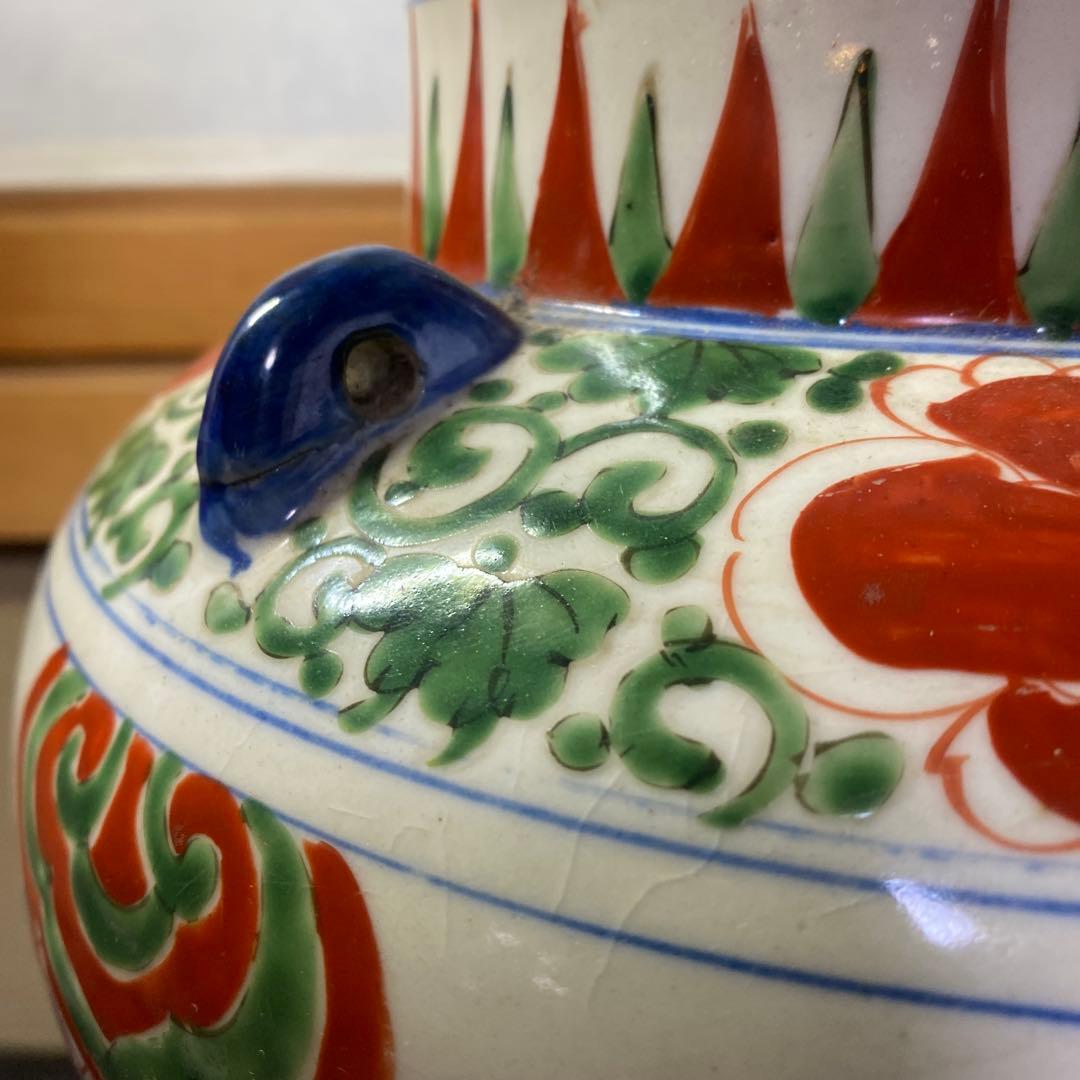 中国古玩 色絵華図四耳壺