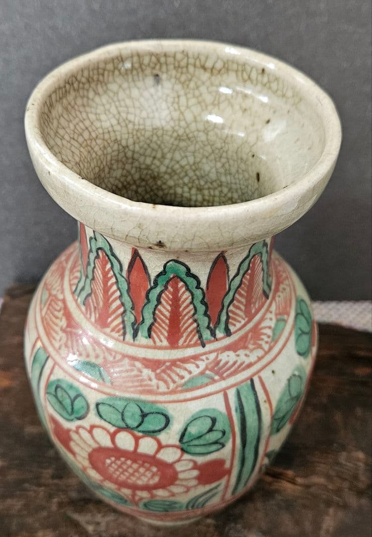 古代中国 明代～清代頃 古赤絵 天啓赤絵 四面花文様 広口壺 罐