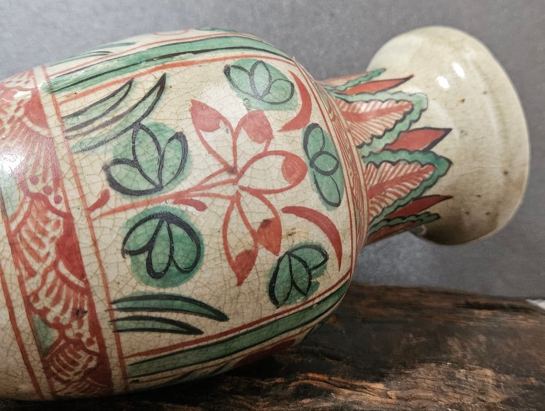 古代中国 明代～清代頃 古赤絵 天啓赤絵 四面花文様 広口壺 罐