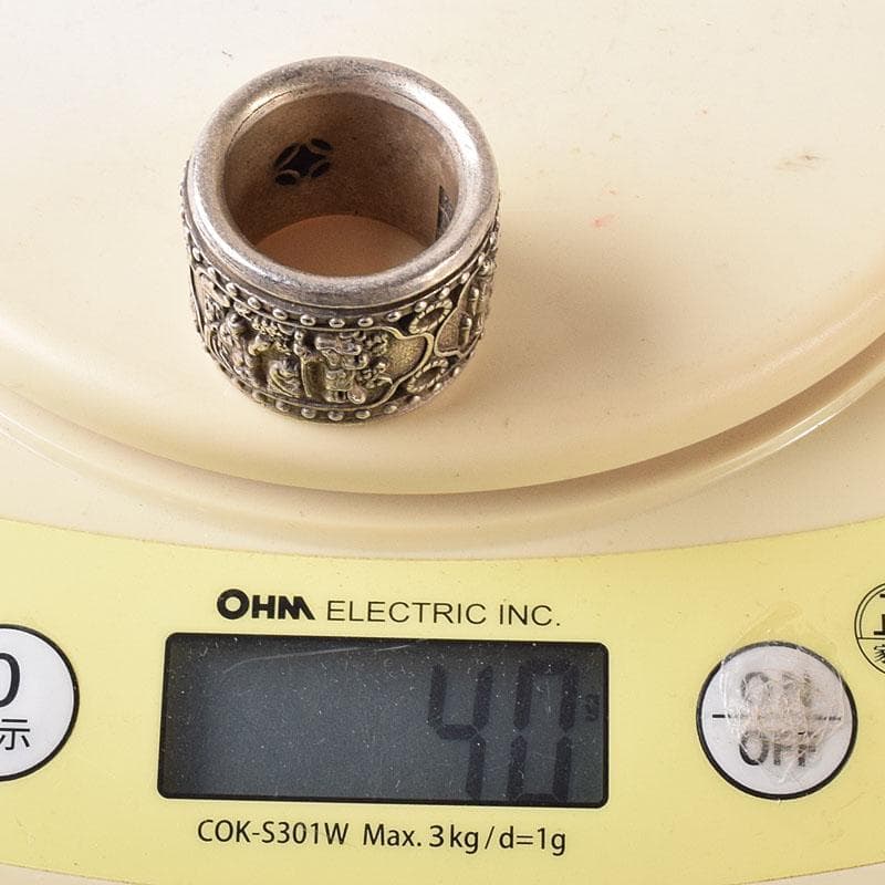 中国　光緒天宝足銀　山水人物彫　板指　重さ約40g　N　7602E