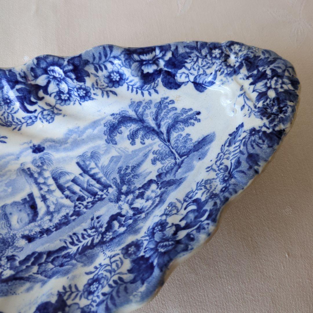 イギリスアンティーク アスパラガスプレート ブルー＆ホワイト