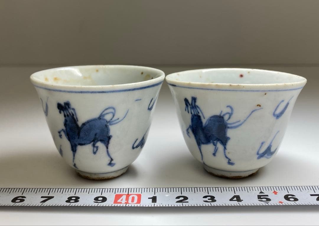 中国清時代　唐物青花キリン図煎茶碗2客　口径約6㎝　東Y7-0331☆2Fタトチ