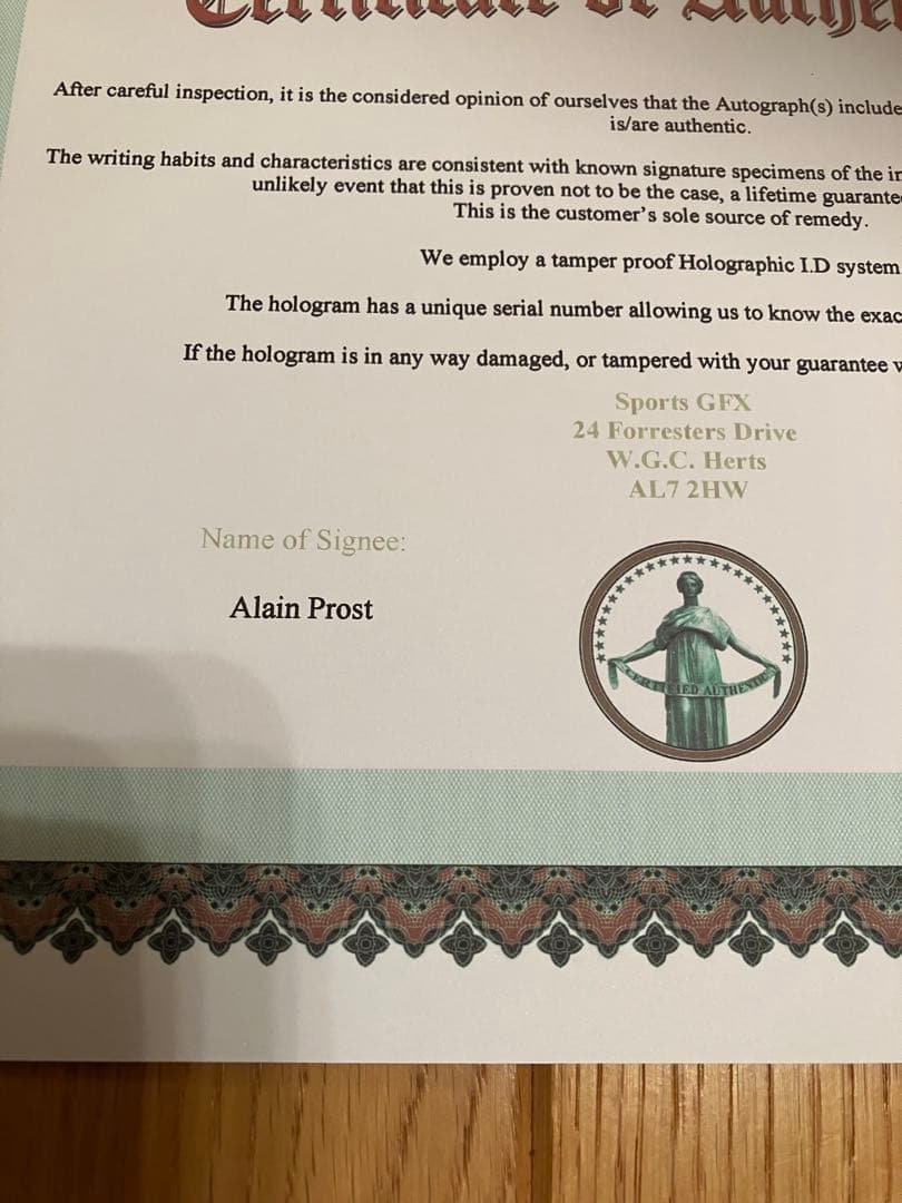 アラン　プロスト　フェラーリ　直筆サイン　モナコGP 証明書付き　1990
