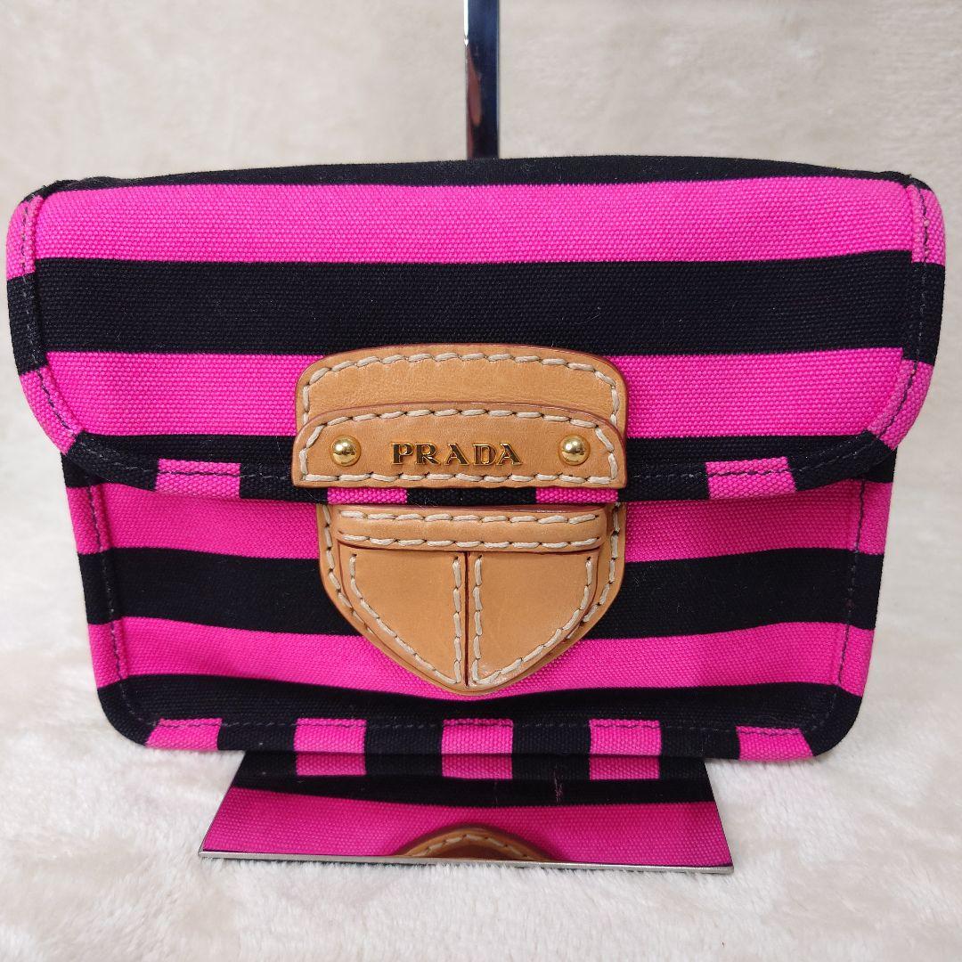 【美品・希少】プラダ カナパ リゲ ショルダーバック ボーダー 三角 2way