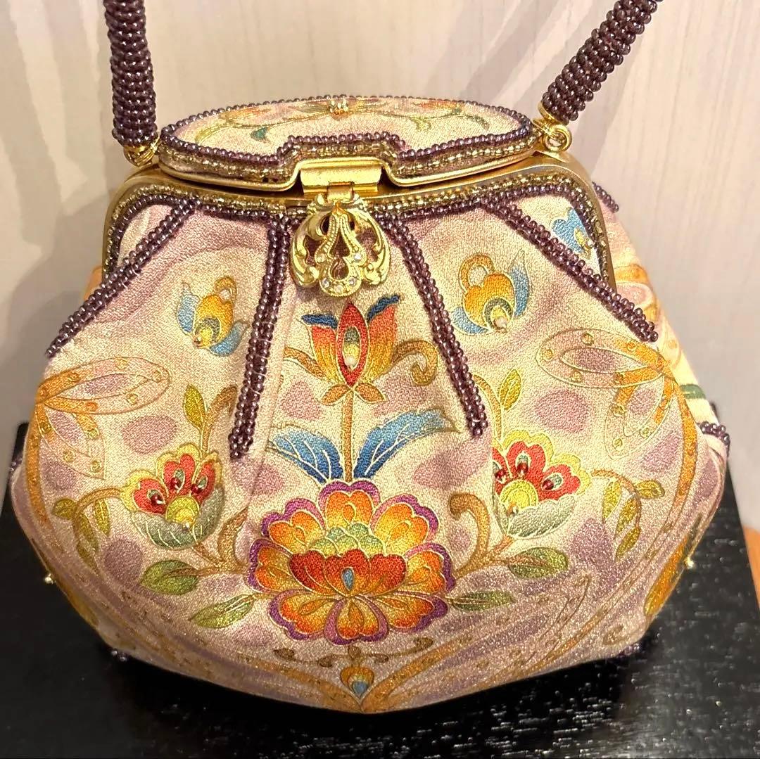 極美品 京都 岡重 OKAJIMA オカジマ ビーズバッグ シルク 和装バッグ