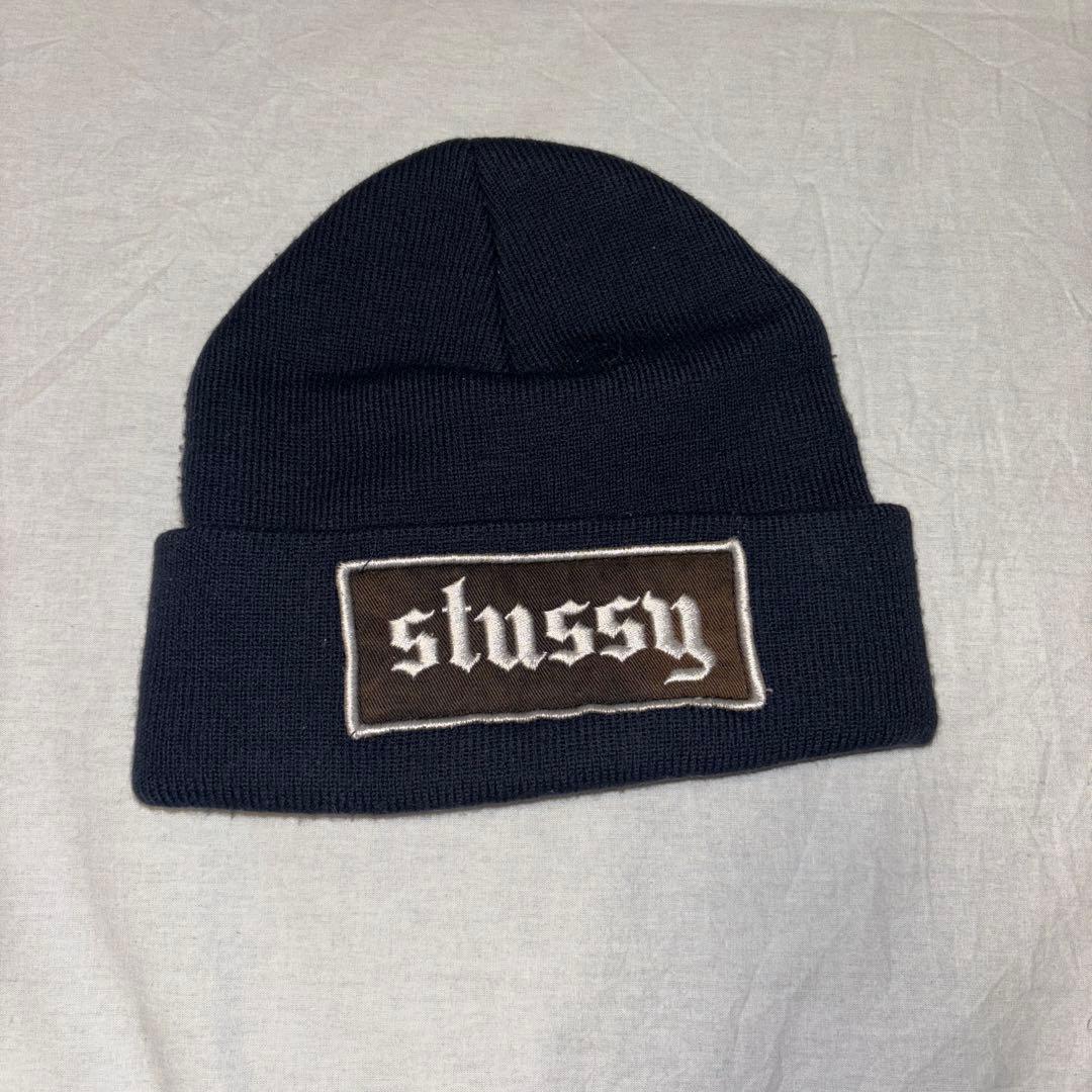 90s stussy ニットキャップ 金タグ ビーニー ネイビー - メルカリ
