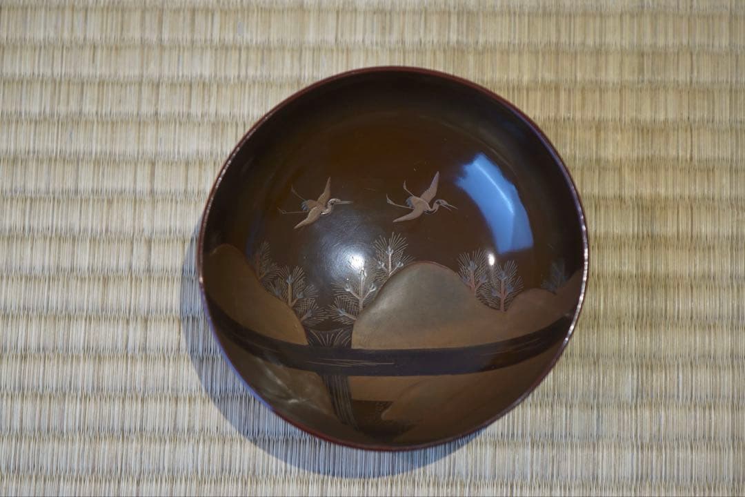 松に鶴・山水図蒔絵 溜塗 吸物椀 2客/ 高級 木製漆器 祝儀 茶懐石