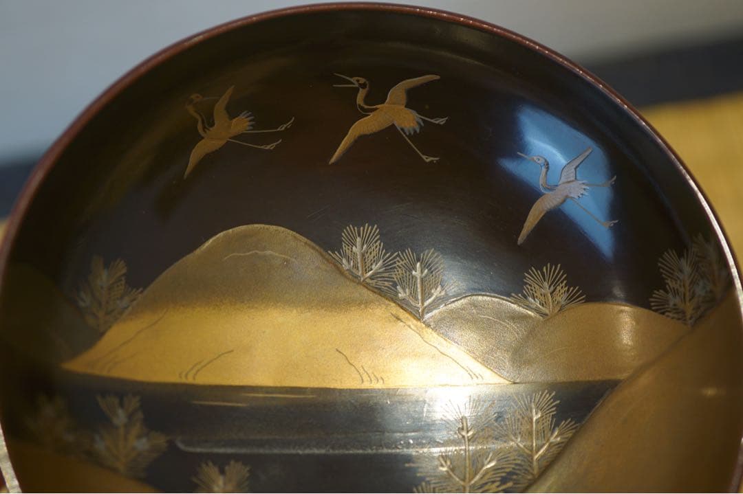 松に鶴・山水図蒔絵 溜塗 吸物椀 2客/ 高級 木製漆器 祝儀 茶懐石