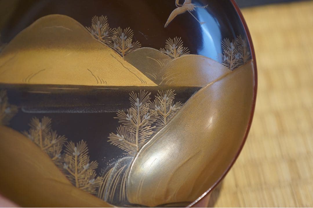 松に鶴・山水図蒔絵 溜塗 吸物椀 2客/ 高級 木製漆器 祝儀 茶懐石