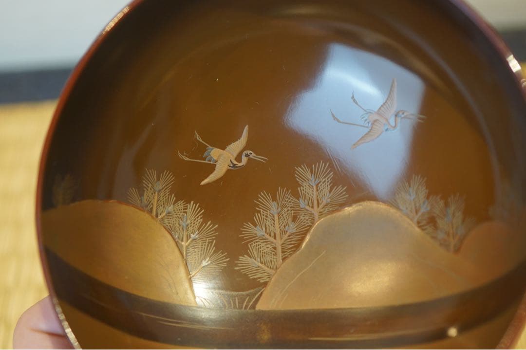 松に鶴・山水図蒔絵 溜塗 吸物椀 2客/ 高級 木製漆器 祝儀 茶懐石