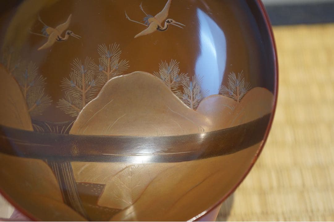 松に鶴・山水図蒔絵 溜塗 吸物椀 2客/ 高級 木製漆器 祝儀 茶懐石