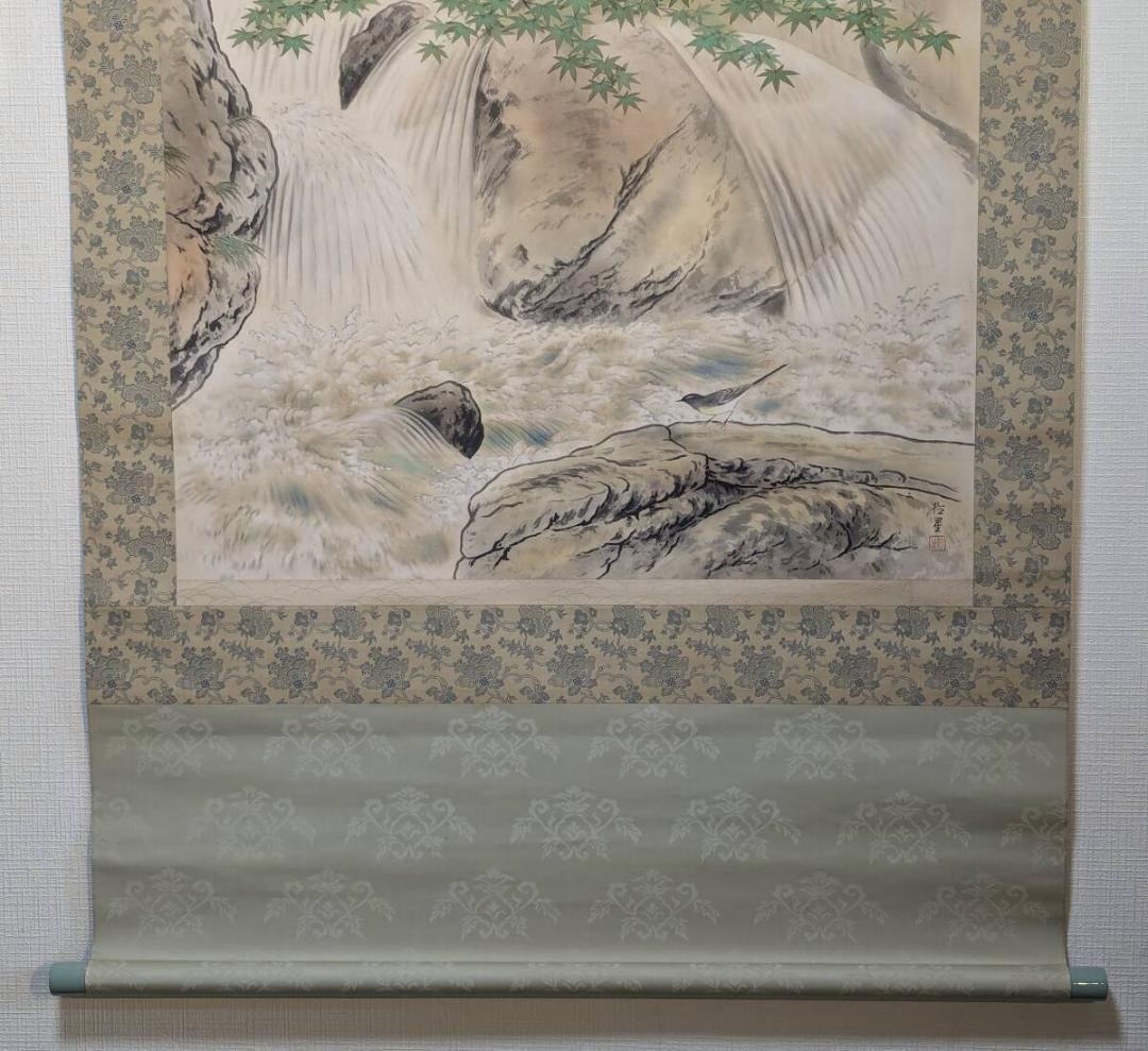 【真作】掛軸　藤森徳星　渓流にセキレイ図　細密な筆致の逸品　二重箱入　R153