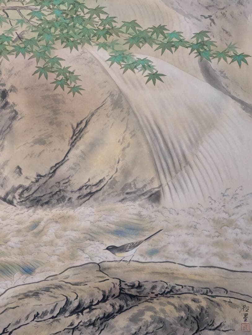 【真作】掛軸　藤森徳星　渓流にセキレイ図　細密な筆致の逸品　二重箱入　R153