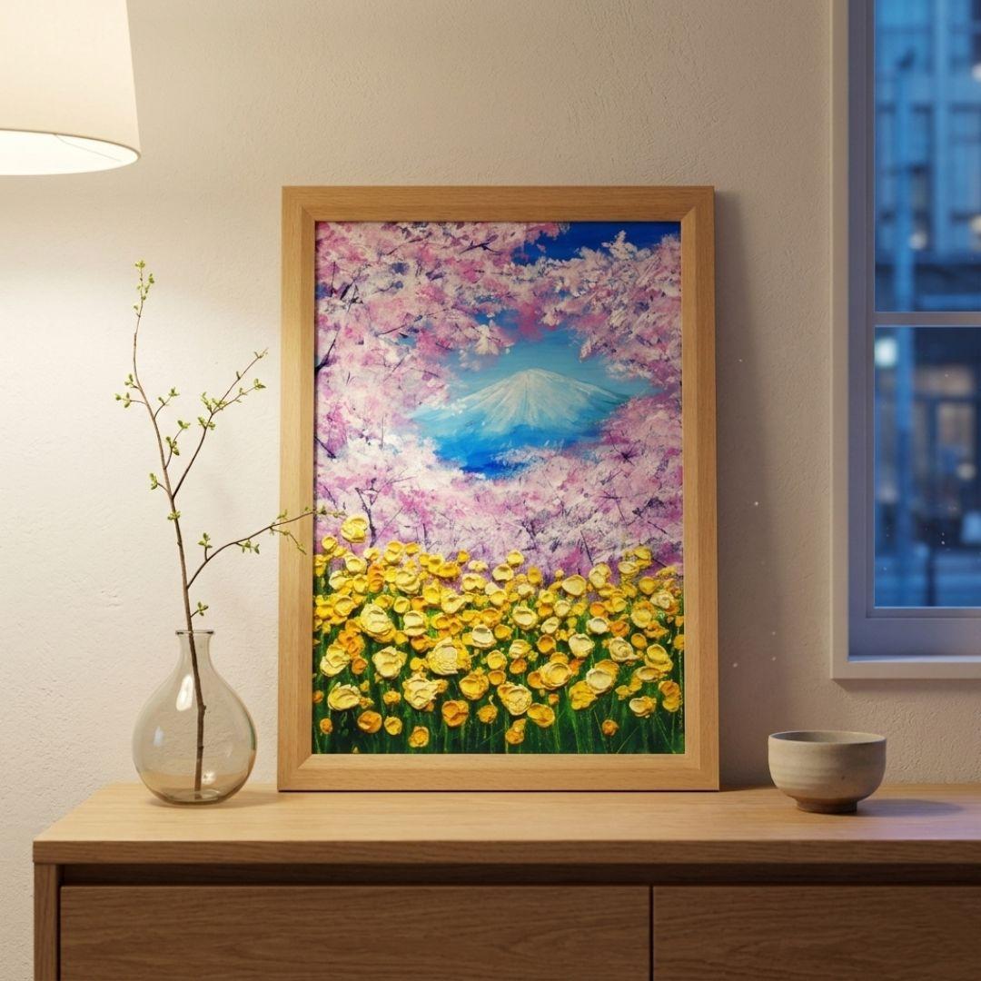 油絵 油彩 油彩画 絵 絵画 【桜と富士山と菜の花】